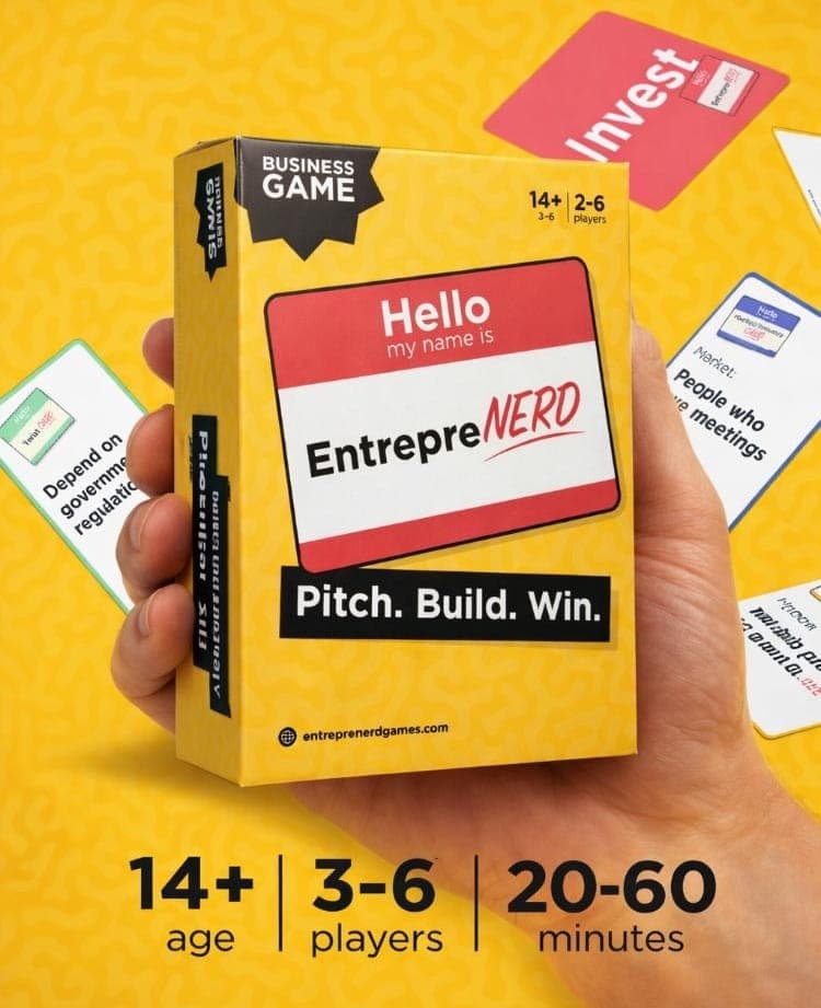 EntrepreNERD card game box held in hand, surrounded by Problem, Market, and Invest cards. Ages 14+, 2-6 players, 20-60 minutes.